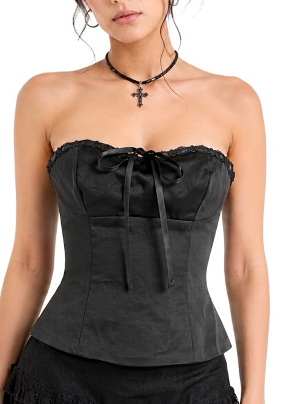 Gothic Black Lace Corset Bustier Top Strapless Ribbon Tie Victorian Y2K women XS